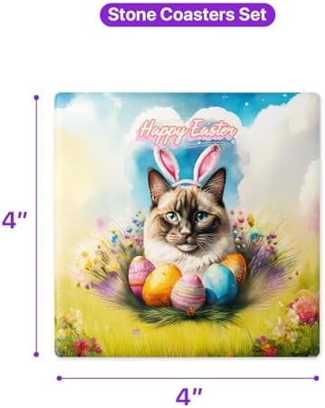Happy Easter Ragdoll with Bunny Ear Headband and Flowers Set of 4 Stone Coasters Cat Lover Kitten Owner Gifts Idea 4x4in Absorbent Soapstone Coaster 13001 - Image 5
