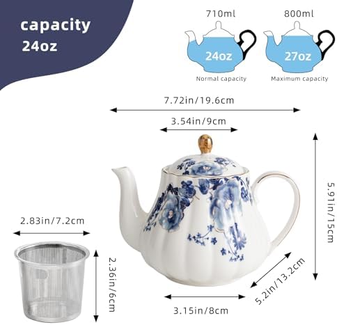Floral Ceramic Teapot，small tea pot for tea party，tea pot with infusers for loose tea (Blue Flowers) - Image 2