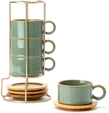 LUKA 6 Ounce Porcelain Stackable Espresso Cups with Saucers and Metal Stand Set of 4, Ceramic Cappuccino Cups Set for Specialty Coffee Drinks, Latte, Cafe Mocha and Tea, Wild Sage Earth by LUKA