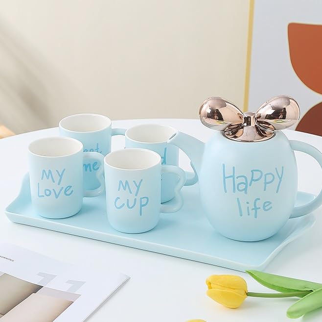 Water Pitcher Ceramic Water Set Tea Set Living Room Water Cup Coffee Cup Home Cup Set new Elegant Tea Set Water Jug(Pink) - Image 7