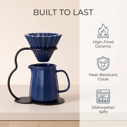 Pour Over Coffee Maker set,Ceramic Coffee Maker With V60 40 pcs Paper Filter，Metal Stand Pour Over Coffee Dripper navy blue - Image 4