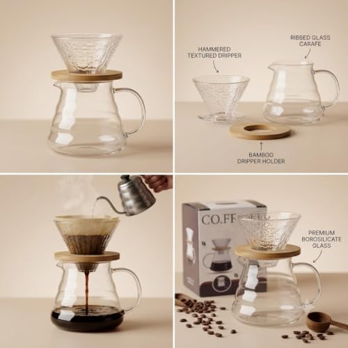850ml Pour Over Coffee Maker Set with Wooden Stand | Manual Drip Coffee Brewer with Glass Carafe & Reusable Filter | Hand Brew Coffee Maker for Home, Office, Kitchen & Café - Image 4