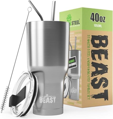 Beast 40 oz Tumbler Stainless Steel Vacuum Insulated Coffee Ice Cup Double Wall Travel Flask (Stainless Steel) by GreensSteel