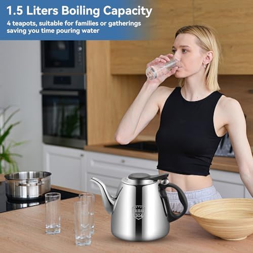 Tea Pot, Stainless Steel Small Teapot Gooseneck Kettle Tovetop Teapot Hot Water Heater Coffee Kettle for Stove Top Induction Hob(1.5L) - Image 2