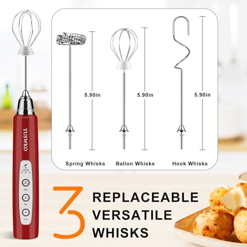 YUSWKO Red Handheld Milk Frother Wand for Coffee, Rechargeable Electric Whisk with 3 Heads 3 Speeds Drink Mixer Coffee Frother For Latte, Cappuccino, Hot Chocolate, Egg - Image 5