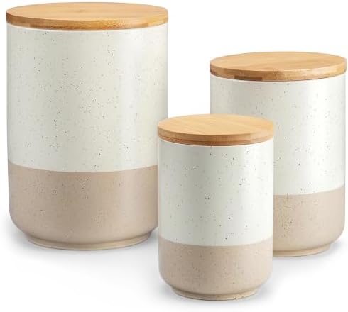vancasso Sabine Kitchen Canister Set of 3, Ceramic Food Storage Containers with Airtight Wood Lids, Countertop & Pantry Organization for Flour, Sugar, Coffee, Tea & Snacks by vancasso
