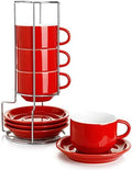 Sweese 8 Ounce Porcelain Stackable Cappuccino Cups with Saucers and Metal Stand - for Specialty Coffee Drinks, Cappuccino, Latte, Americano and Tea - Set of 4, Red by Sweese