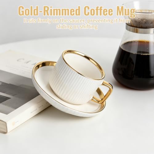 8.5oz Cappuccino Cups with Saucers Set of 6, Ceramic Coffee Cup and Saucer with Gold Rim, Vertical Ribbed Latte Mugs, White Porcelain Tea Cup Set for Wedding, Cafe, Party & Daily Use - Image 4