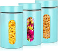 Mimorou 3 Pcs Stainless Steel Canister Set with Glass Windows Visible Storage Jars Silver Kitchen Canister Set for Pasta Flour Oat Sugar Container, Kitchen Tools, Housewarming Gifts(Turquoise,32 oz) by Mimorou