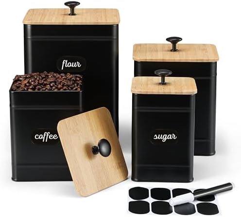 PERFNIQUE Kitchen Canisters, Airtight Canister Sets for Kitchen Counter, Kitchen Canisters for Countertop Set of 4, Coffee Tea Sugar Flour Spice Tin Jars Food Storage Container with Lid(Black) by PERFNIQUE