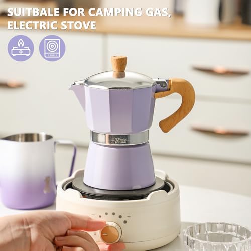 Bincoo Cute Espresso Maker Stovetop - Small Moka Pot 2 Espresso Cups/120ML,Espresso Pot Italian Coffee Maker for Home Camping Cafe Office (Purple) - Image 2