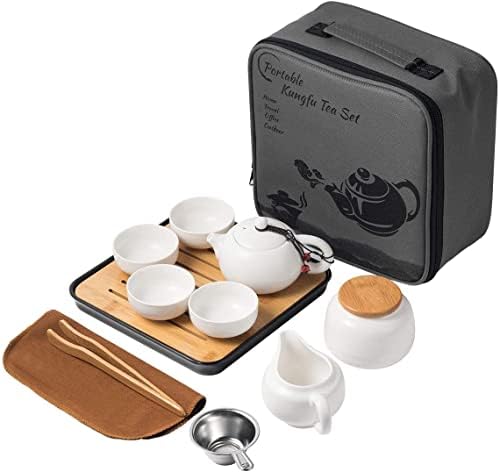 Chinese Tea Pot Cup Set with Tray Infuser - Travel Ceramic Tea set Porcelain Teapot, Portable All in One Bag for Outdoor Picnic Business Hotel (White) by Lyty