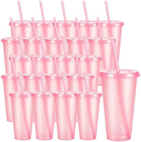 24 Pcs Pink Tumblers with Straw & Lid - 24oz Coffee Cups by Pineburg