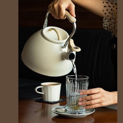 Whistling Tea Kettle,3.1 Quart Stainless Steel Water Kettle Work for All Stovetops with Folding Handle for Boiling Water Coffee or Milk (Off-White) - Image 2