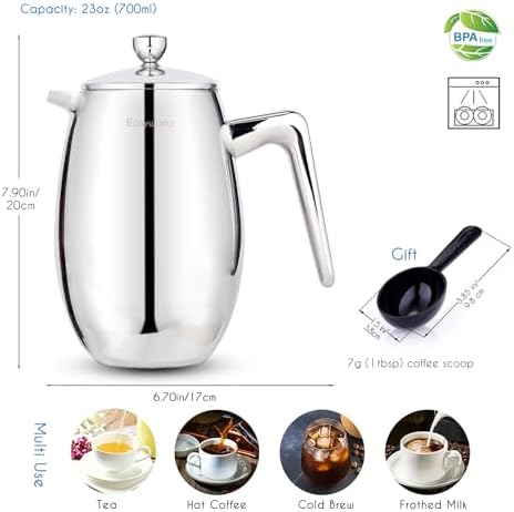 Easyworkz Nando French Press 23 oz, Bundled Stainless Steel Espresso Cup 2pcs Set Double Wall Insulated Metal Demitasse Cups 5 oz - Image 2