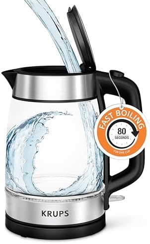 KRUPS 1.7L Glass Electric Kettle: Fast-Boiling 1500W with LED Indicator, Anti-Scale Filter, Auto Shut-Off, and Cordless Design - Boil 1 Cup in 80 Seconds for Perfect Tea and Coffee by KRUPS
