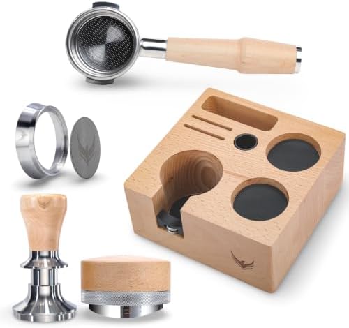 58mm Tamper Kit for E61 Machines – Maple Bottomless Portafilter, Spring Tamper, Distributor, Dosing Funnel & Tamping Station | Compatible with Rocket, Lelit, Profitec, ECM by KNODOS