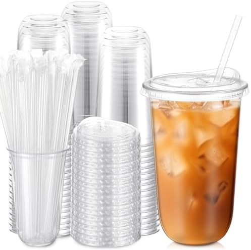 Ziliny 100 Pack 18 Oz Clear Plastic Cups with Lids and Straws, Iced Coffee by Ziliny