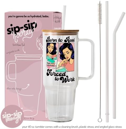 Sip-Sip Hooray! Born To Read 40oz Glass Tumbler with Lid and Straw - Image 2
