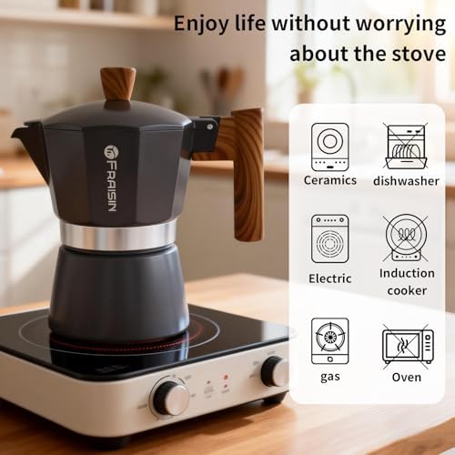 Stovetop Espresso Moka Pot Coffee Maker, Non-slip Wood Grain Handle, Cast Aluminum, Compatible with Gas, and Electric Stoves (Black, 12 cups) - Image 2