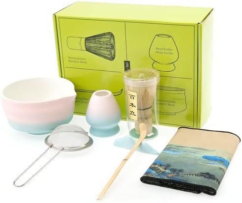 7 Pcs Matcha Whisk Set Pink, Ceramic Matcha Set Includes Matcha Bowl, Matcha Whisk And Holder, Bamboo Scoop, Scoop Rest, Sifter And Tea Towel Tea Making Kit Gift for Matcha Lovers (Gradient pink) by Tcwhniev