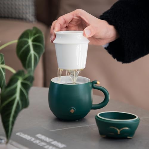 HEER Ceramic Cat Tea Cup 10oz with Infuser and Lid, Green - Image 4