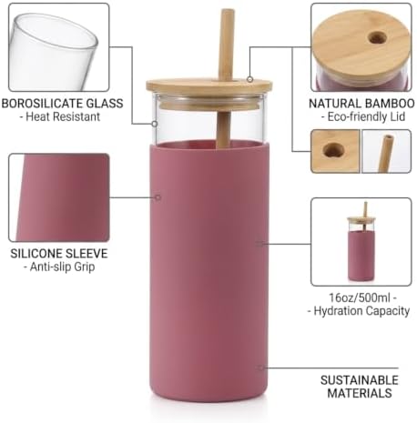 Glass Tumbler with Bamboo Lid and Straw, 20oz Borosilicate Glass Water Bottle, Reusable Iced Coffee Cup with Silicone Sl - Image 2