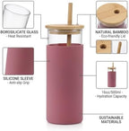 Glass Tumbler with Bamboo Lid and Straw, 20oz Borosilicate Glass Water Bottle, Reusable Iced Coffee Cup with Silicone Sl - Image 2