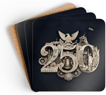 250 Anniversary USA Coasters, Patriotic 4th of July Drink Coasters, USA 250th, American Semiquincentennial Set of 4 (250 Gold Seal Navy Black, 3.75" x 3.75") by PinUpHeaven
