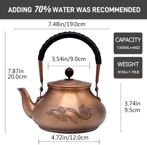 Classic Pure Copper Teapot without Coating, 44oz Tea Kettle with Tea Ball for Loose Leaf, Chinese Style Real Copper Tea Pot for Stovetop Safe, Ruyi Pattern(1300ml) - Image 6