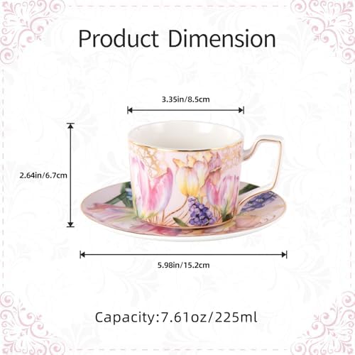 KAMMAK Tea Cups and Saucers Set of 2, Porcelain Coffee Cups, NX022 - Image 2