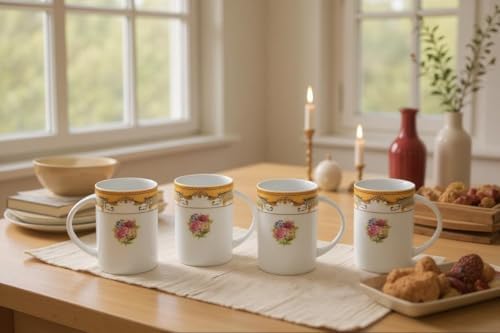 Porcelain Mug - White with Vintage Rose Design, 4 Piece Set - Image 6