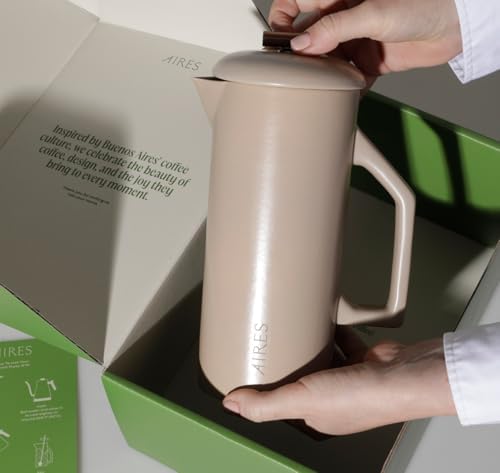 AIRES Ceramic French Press Coffee Maker – 34 oz Heat-Retaining Stoneware – Elegant Neutral Color – Inspired by Buenos Aires Coffee Culture – Gift-Ready with Barista Brewing Guide - Image 4