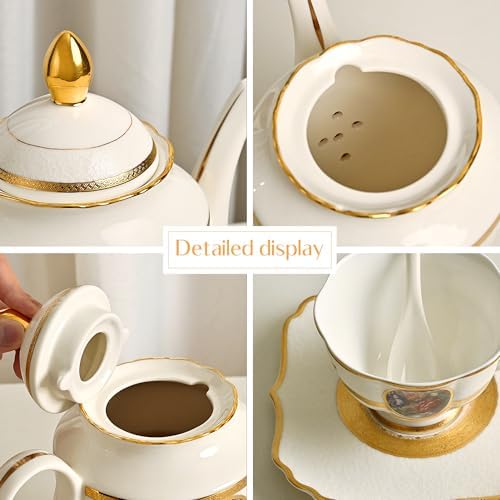 Luxury White & Gold Embossed Tea Cups and Saucers with Teapot, Sugar Bowl, & &Creamer, Vintage European Porcelain Coffee Set for Tea Party, Wedding, Gift (Gole & Rose, 17pcs/set) - Image 7