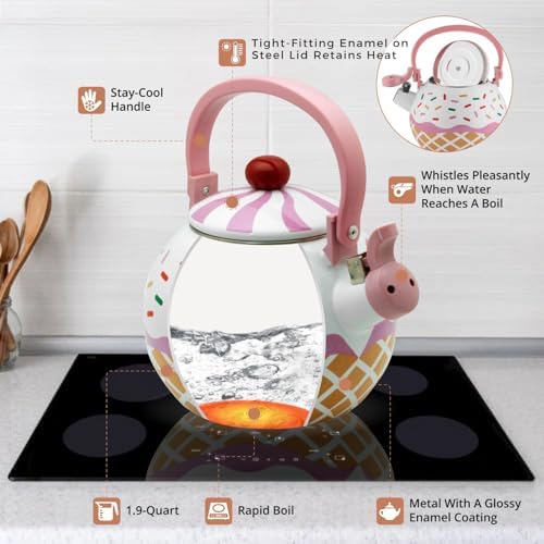 Whistling Tea Kettle Enamel on Steel Teakettle, Supreme Housewares Strawberry Cupcake Design Teapot Water Kettle Cute Kitchen Accessories Teteras, 1.7 Quart - Image 4