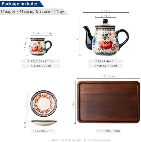 polish pottery style porcelain ceramic 10 piece Tea set,7.2oz tea cup and sauce set of 4,28.2oz teapot and 1wooden tray (Honey Bee Flower) - Image 2