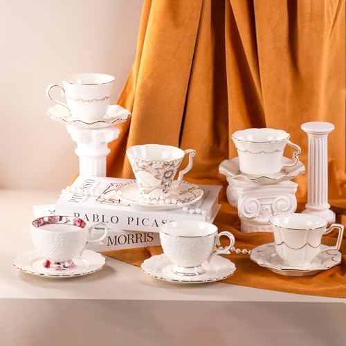 Tea Cups and Saucers Set of 2, 6.4oz Stackable Porcelain Coffee Cup, YFH11 - Image 7
