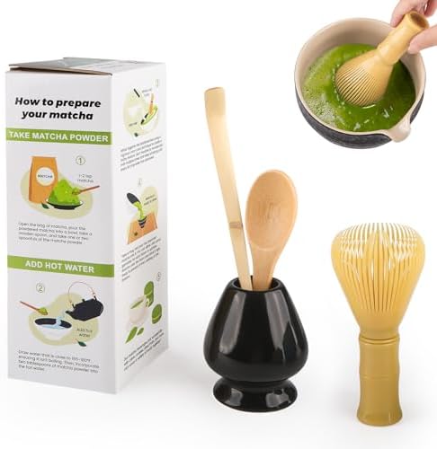4 Piece Matcha Japanese Ceremony Set, Resin Matcha Whisk, Bamboo Spoon, Bamboo Scoop, Whisk Stand, Perfect Set for Preparing, Yellow-Black by Unknown