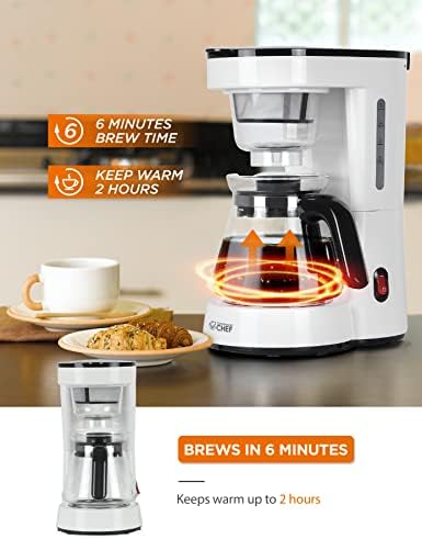 Commercial CHEF 5-Cup Small Drip Coffee Maker with 0.75L Water Tank, Drip Coffee Maker with Pour Over Filter, Glass Carafe, Brews in 6 Minutes, CHCP05W, White - Image 4