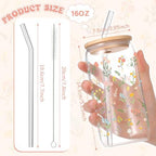 6 Set 16oz Christmas Glass Cups with Lid and Straw, Colorful Flowers - Image 2