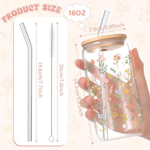 6 Set 16oz Christmas Glass Cups with Lid and Straw, Colorful Flowers - Image 2