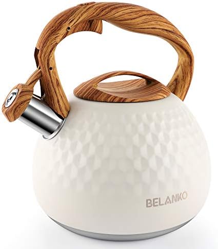 BELANKO 2.7 Quart Tea Kettle for Stovetop - Food Grade Stainless Steel with Diamond Texture, Designer Teapot Look, Cool-Touch Wood Pattern Handle, Whistling Spout - Milk White by BELANKO