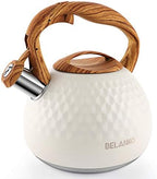 BELANKO 2.7 Quart Tea Kettle for Stovetop - Food Grade Stainless Steel with Diamond Texture, Designer Teapot Look, Cool-Touch Wood Pattern Handle, Whistling Spout - Milk White by BELANKO