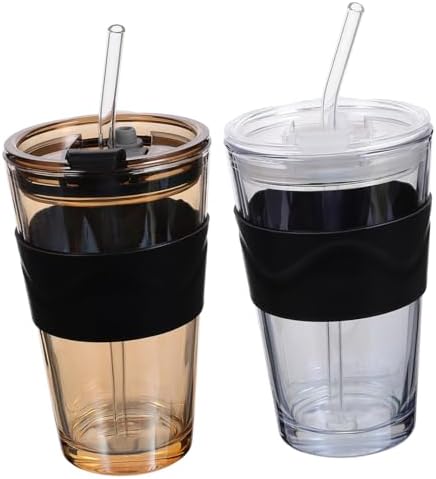 2pcs 450ml Glass Water Cups with Straws and Lids, Cold Brew Coffee and Tea Drinking Bottles with Silicone Sleeve, Reusable Beverage Tumblers for Home and Travel by GETAJGHSD