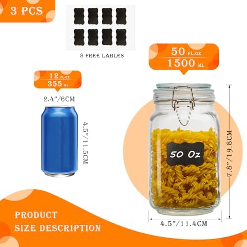 50oz Square Glass Food Storage Jars with Airtight Clamp Lids 3 Pack - Image 2