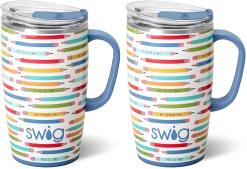 Swig Life 18oz Travel Mug, Insulated Tumbler with Handle and Lid, Cup Holder Friendly, Dishwasher Safe, Stainless Steel, Teacher Gift (Teacher Life) (Pack of 2) by SwigLife