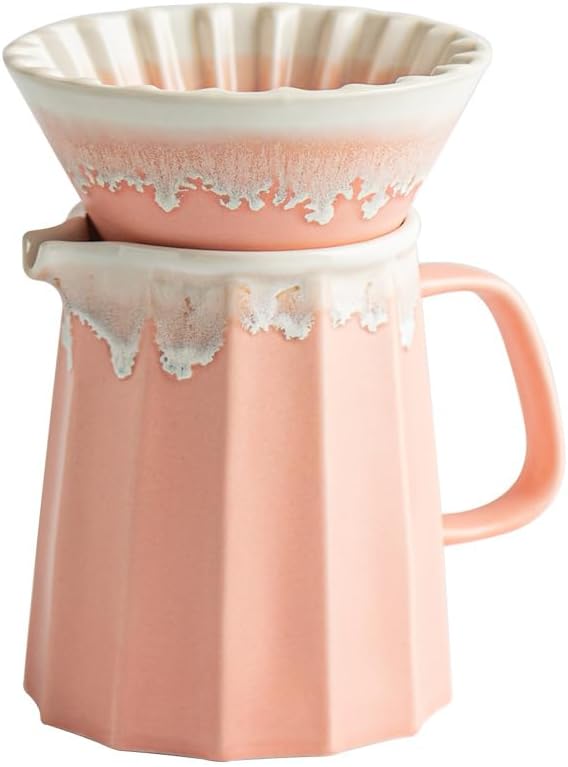 Pink Ceramic Pour over Coffee Maker Set, 14.5 OZ Porcelain Coffee Dripper Brewer Heat Resistant Coffee Pot Decanter ACM008P by Auerhceram