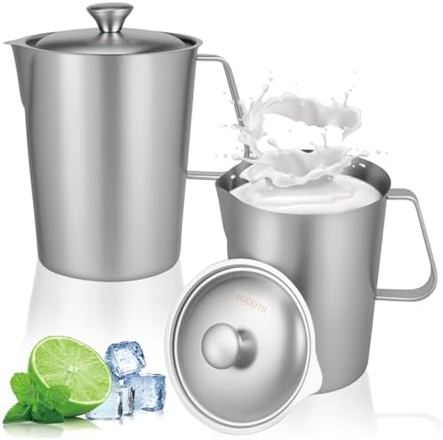 2 PCS 2 L/ 70 oz Large Stainless Steel Pitcher with Lid, Metal Measuring Cup with Handle & Scales, Wide Mouth Graduated Beakers, Milk Frothing Jug Metal Pitcher for Coffee Latte Art, Hot/Cold Water by Unknown