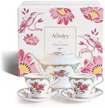 Aynsley Porcelain Tea Set Vintage British Relief Gold Rim Teapot Cup and Saucer Sets 5-Piece Tea Sets for Adults with Teapot, Milk Jug, Cup and Saucer by Aynsley