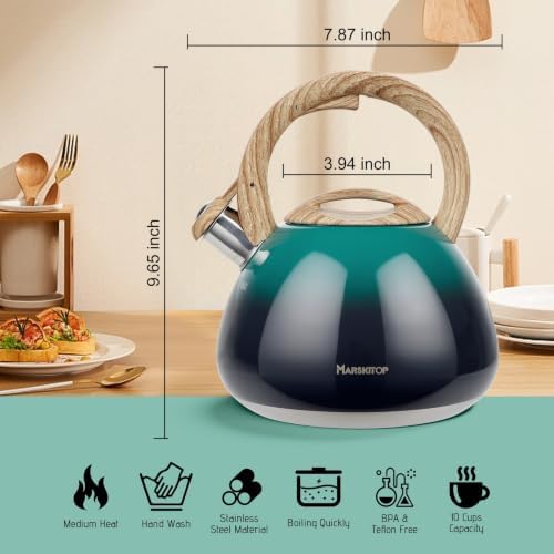 MARSKITOP Tea Kettle Stovetop, 2.6 Quart Whistling Teapot, Green - Image 3